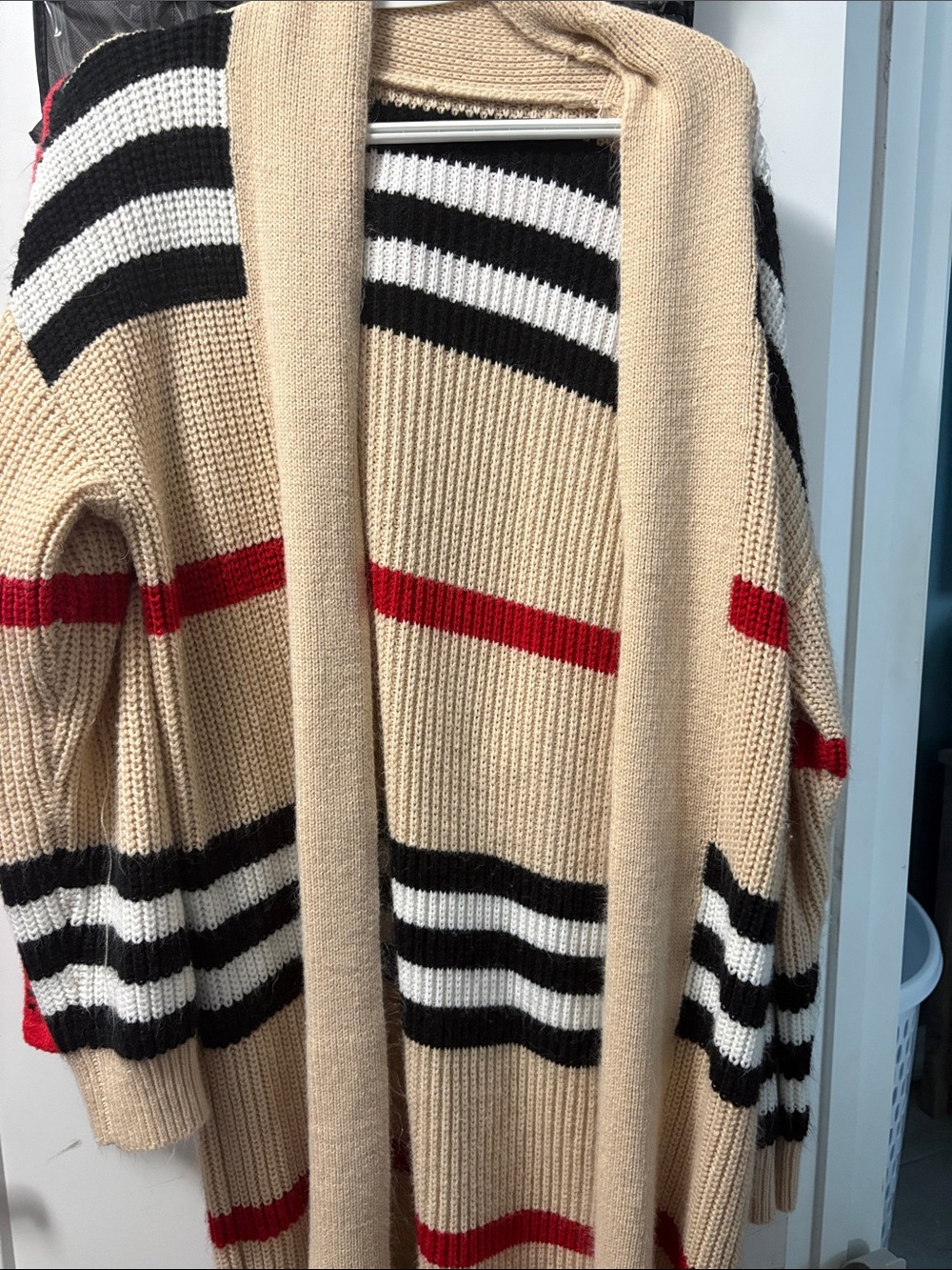 Beige Striped Open-Front Women’s long cardigan